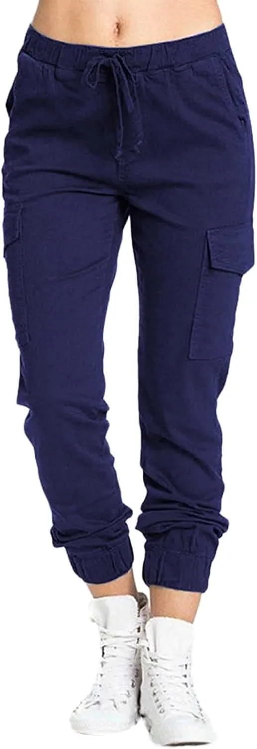 Petite Cargo Pants for Women Drawstring Elastic High Waist Lounge Cropped Pants Solid Color Baggy Comfy Trousers with Pocket