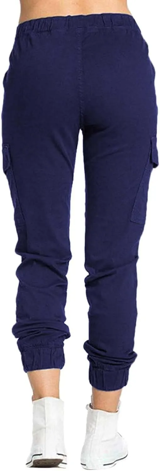 Petite Cargo Pants for Women Drawstring Elastic High Waist Lounge Cropped Pants Solid Color Baggy Comfy Trousers with Pocket