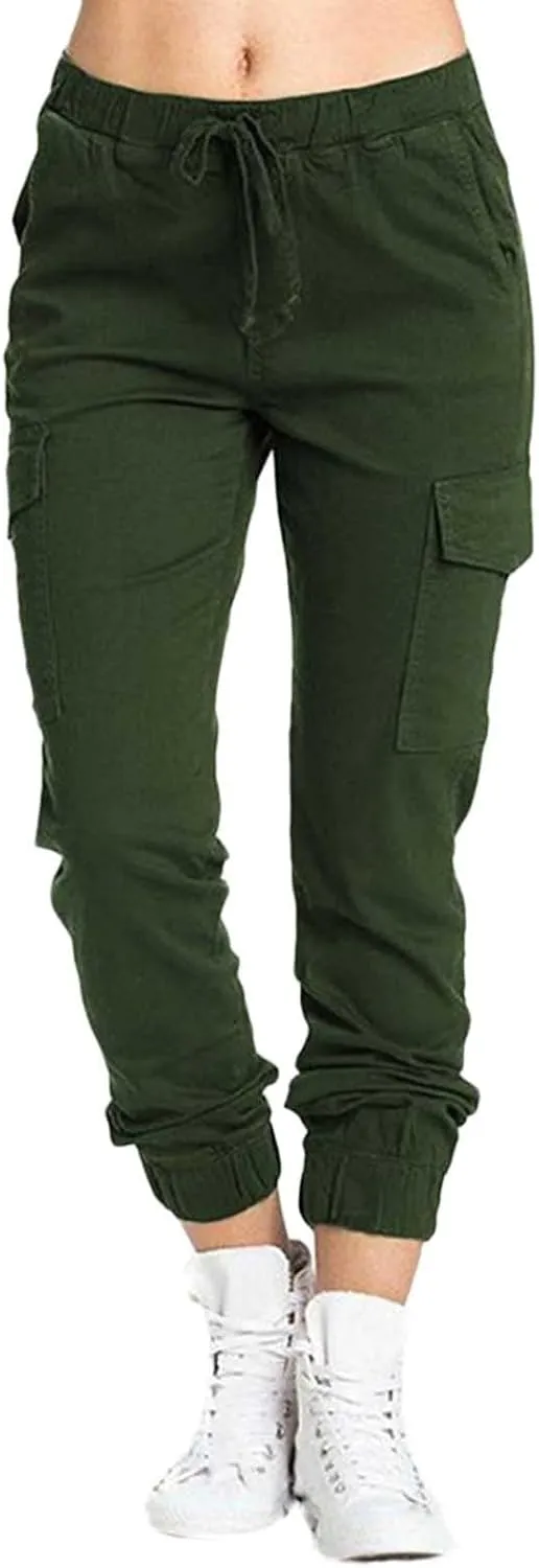 Petite Cargo Pants for Women Drawstring Elastic High Waist Lounge Cropped Pants Solid Color Baggy Comfy Trousers with Pocket