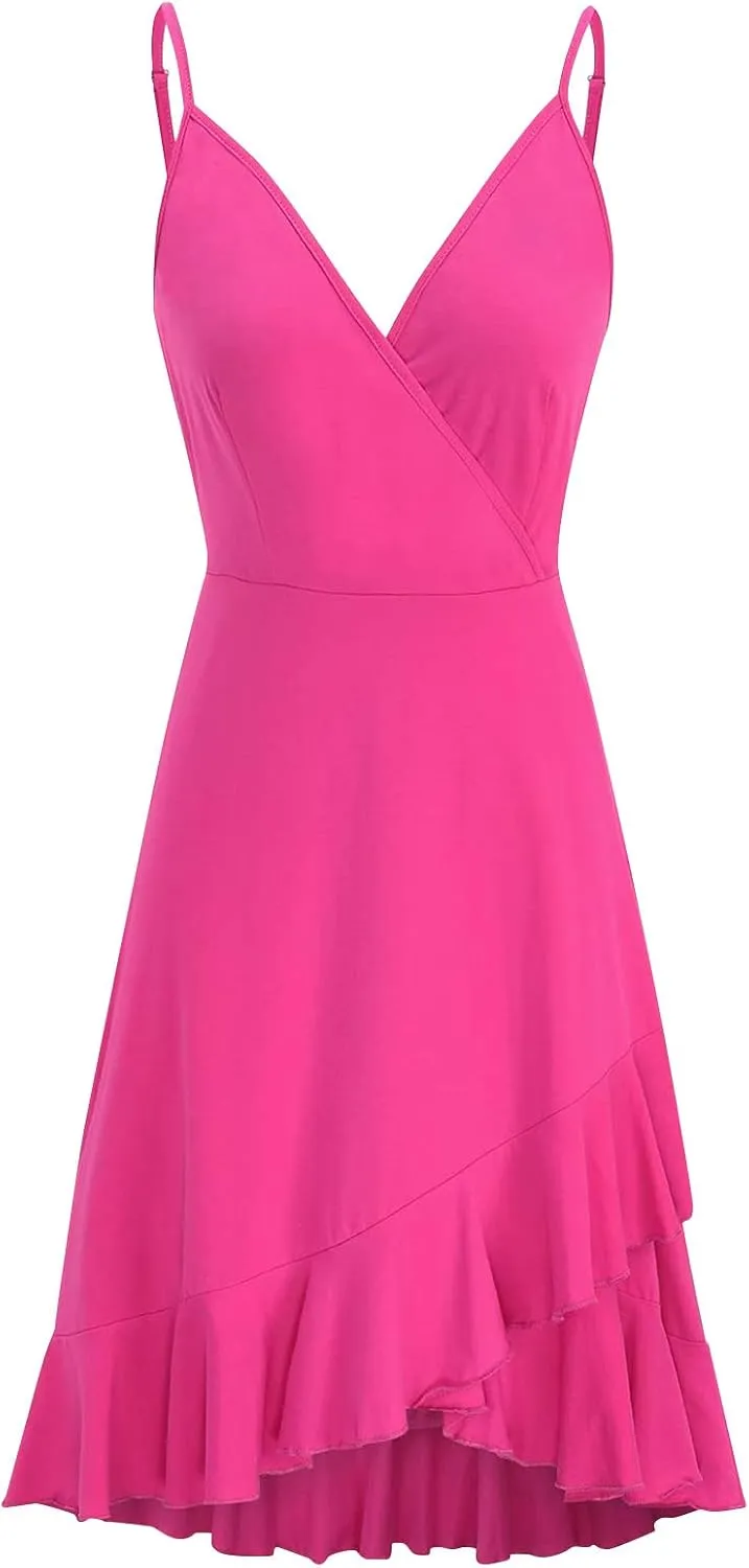 PETYCZEN Mini Dresses for Women Summer Sexy V Neck Sleeveless Wrap Slip Dress Casual Spaghetti Strap Ruffle Dress Sundresses