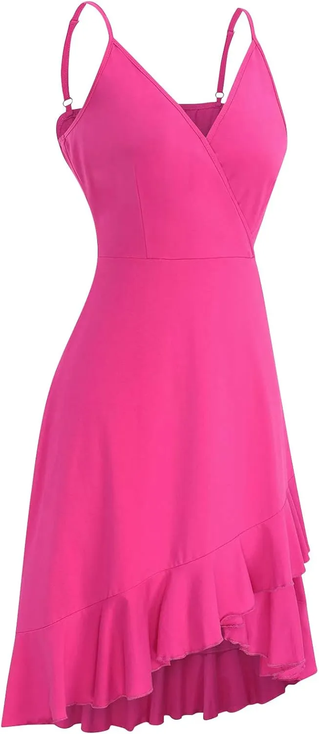 PETYCZEN Mini Dresses for Women Summer Sexy V Neck Sleeveless Wrap Slip Dress Casual Spaghetti Strap Ruffle Dress Sundresses