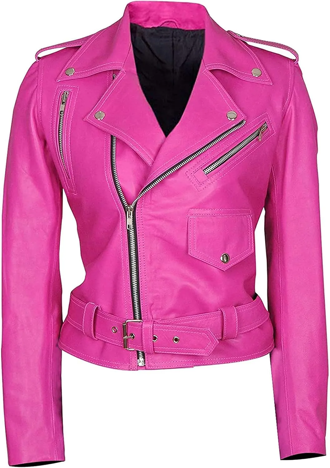 Pink Leather Jacket - Womens Hot Pink Female Motorcycle Sexy Leather Brando Biker Jacket