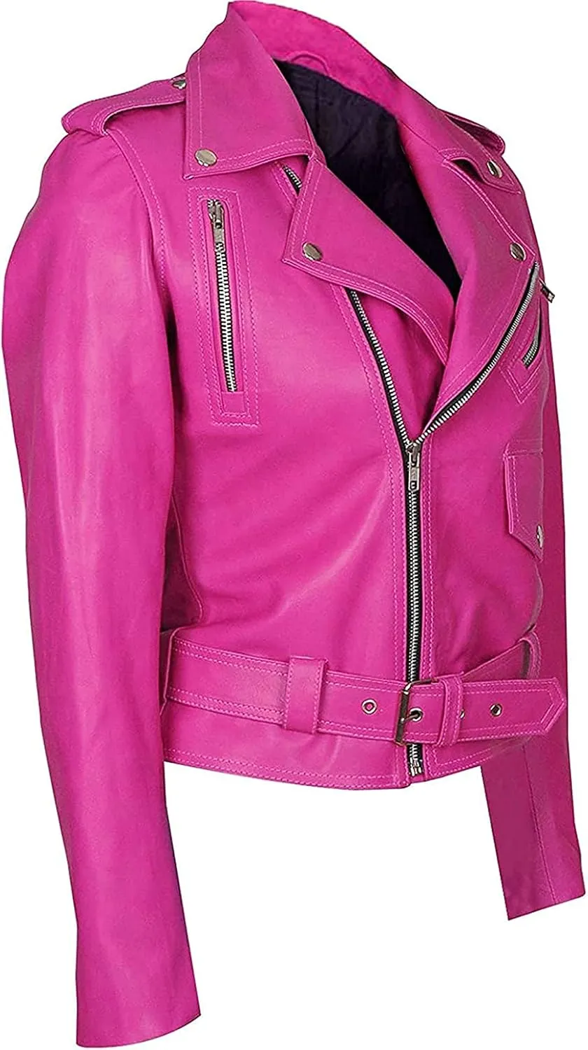 Pink Leather Jacket - Womens Hot Pink Female Motorcycle Sexy Leather Brando Biker Jacket