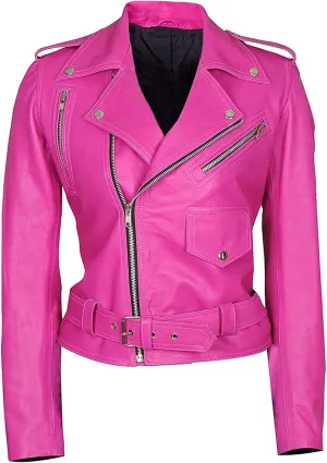 Pink Leather Jacket - Womens Hot Pink Female Motorcycle Sexy Leather Brando Biker Jacket