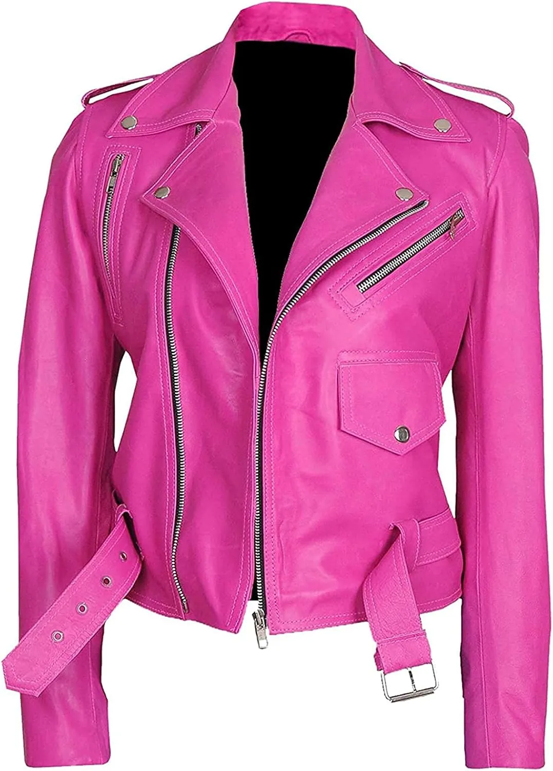 Pink Leather Jacket - Womens Hot Pink Female Motorcycle Sexy Leather Brando Biker Jacket