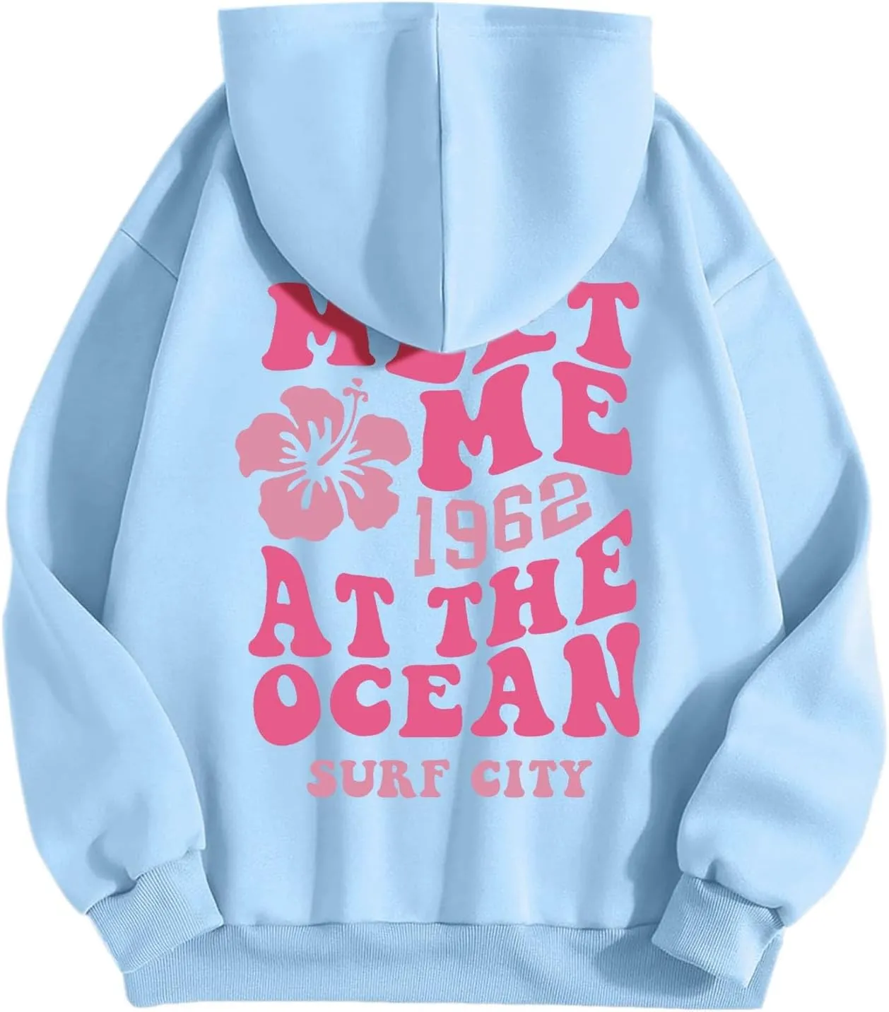 Pink Preppy Hoodie for Women Teen Girls Meet Me at The Ocean Graphic Y2K Comfort Hoodie Oversized Hooded Sweatshirts
