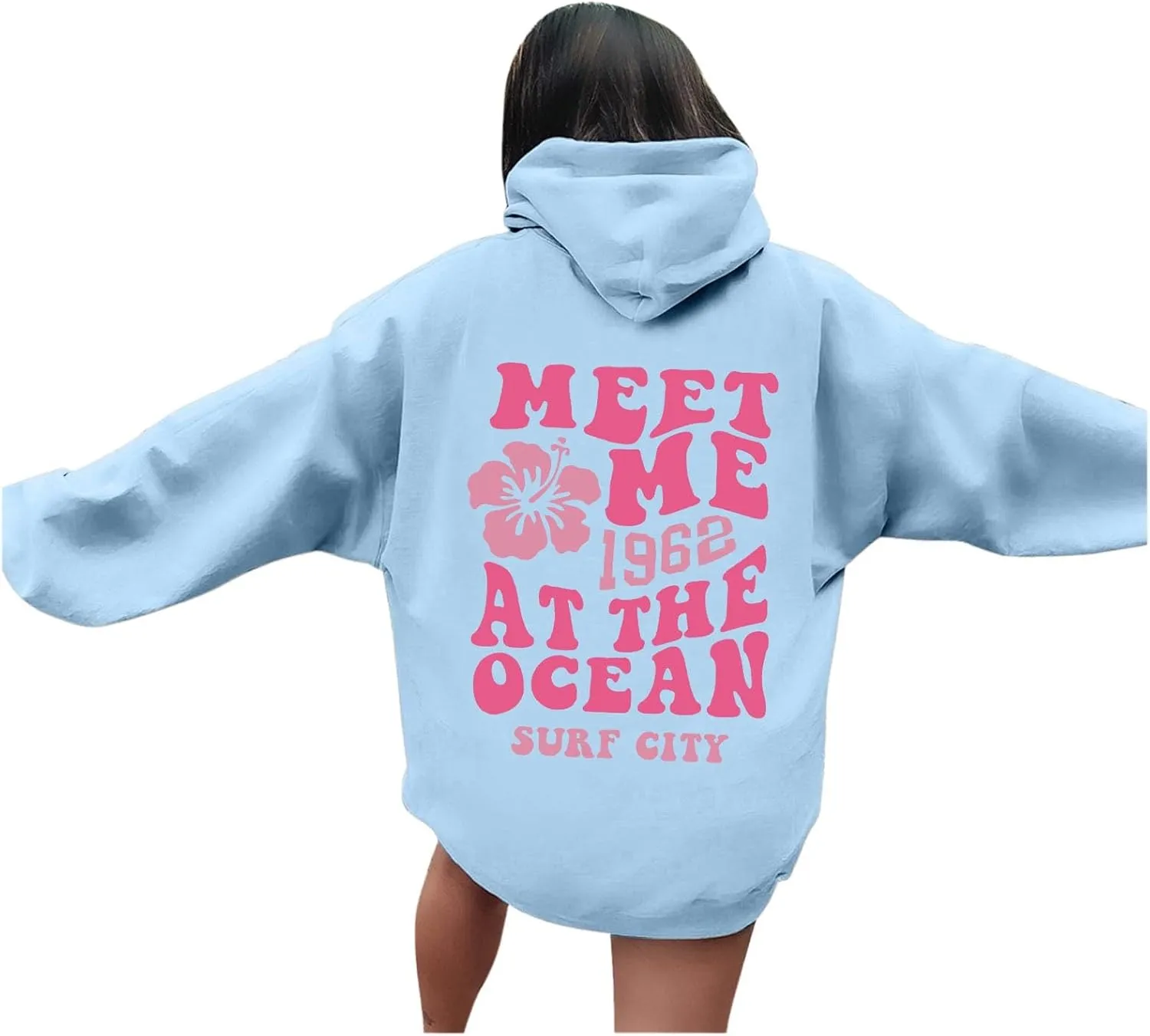 Pink Preppy Hoodie for Women Teen Girls Meet Me at The Ocean Graphic Y2K Comfort Hoodie Oversized Hooded Sweatshirts