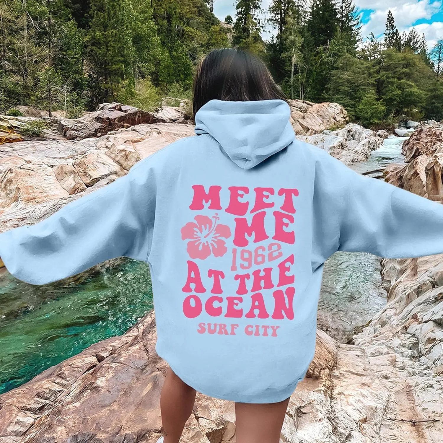 Pink Preppy Hoodie for Women Teen Girls Meet Me at The Ocean Graphic Y2K Comfort Hoodie Oversized Hooded Sweatshirts
