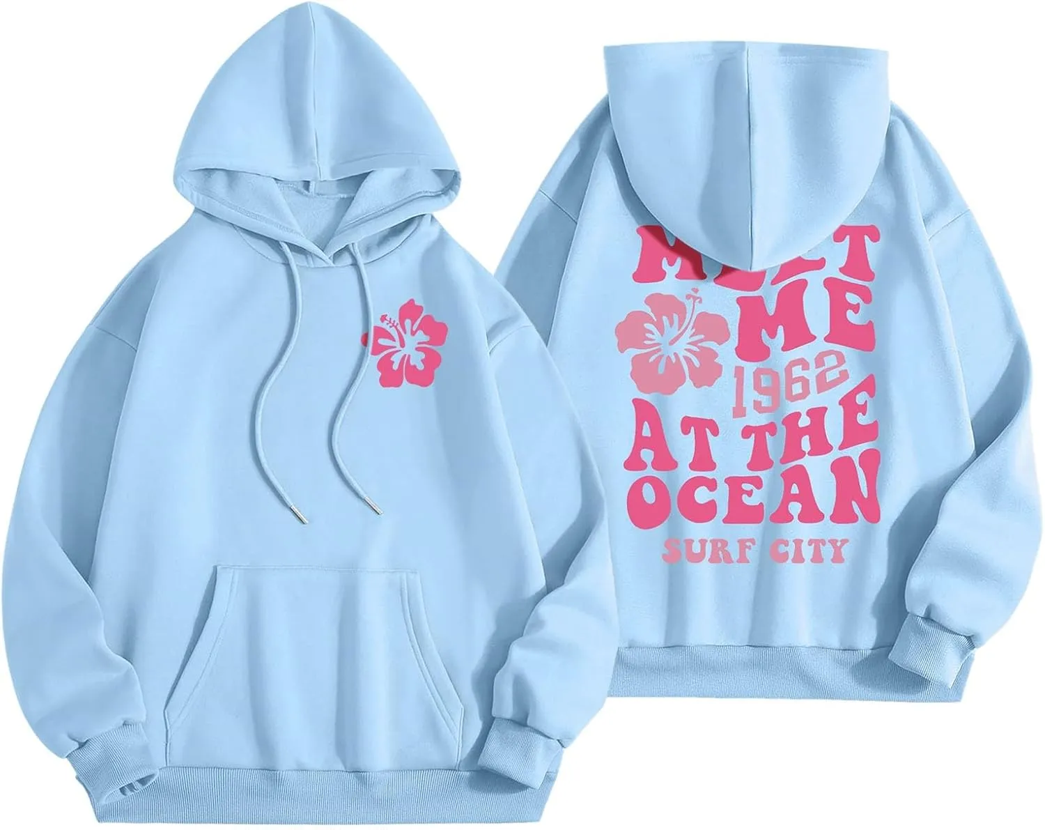 Pink Preppy Hoodie for Women Teen Girls Meet Me at The Ocean Graphic Y2K Comfort Hoodie Oversized Hooded Sweatshirts