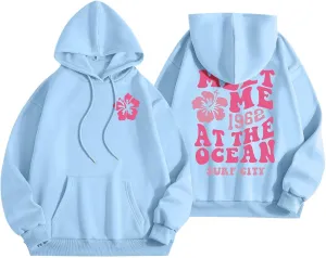 Pink Preppy Hoodie for Women Teen Girls Meet Me at The Ocean Graphic Y2K Comfort Hoodie Oversized Hooded Sweatshirts