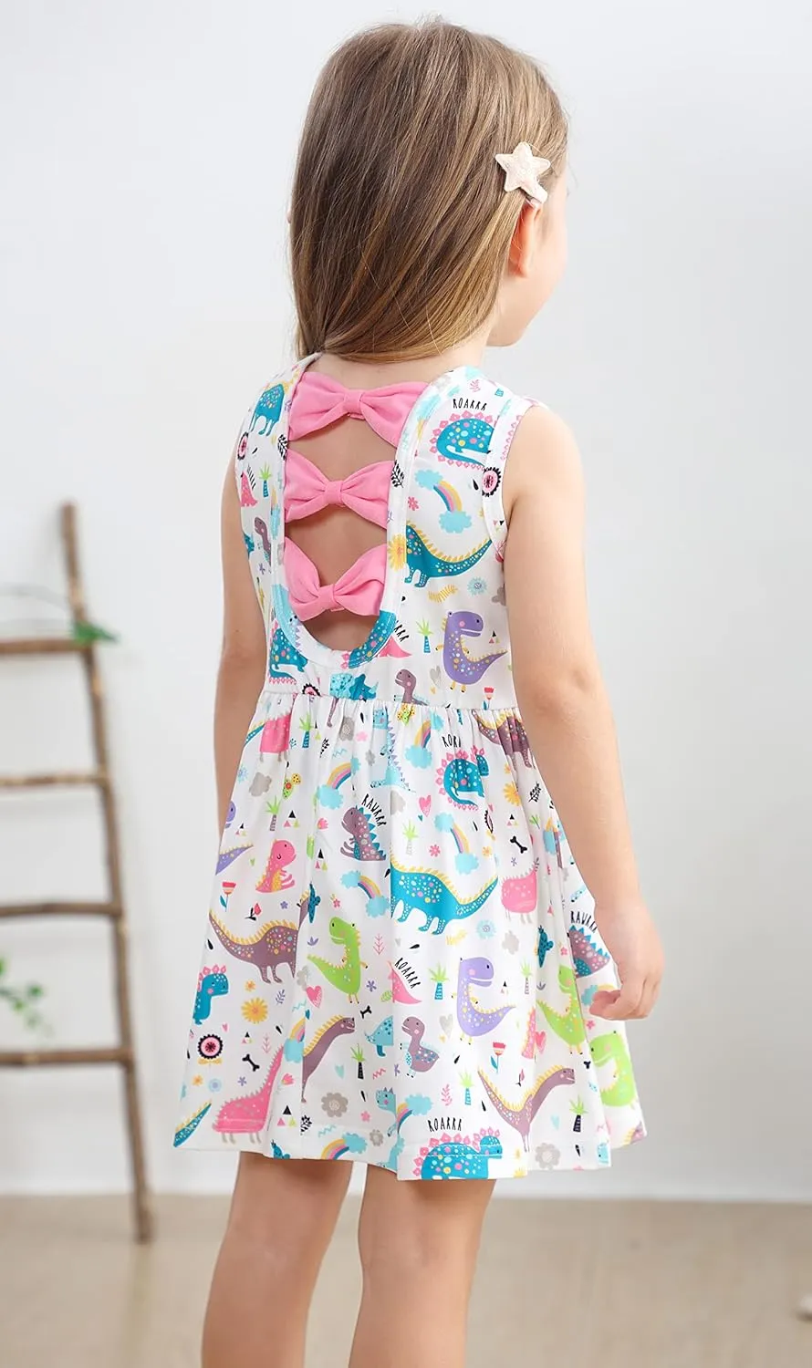 Popshion Toddler Summer Dresses for Girls Leopard Print Dress Back Bowknot Dress Dinosaur Clothes Kids Sleeveless Sundress
