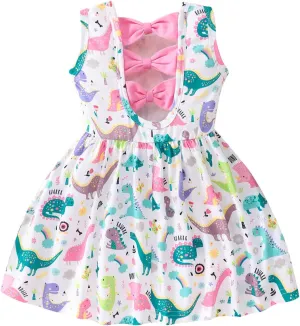 Popshion Toddler Summer Dresses for Girls Leopard Print Dress Back Bowknot Dress Dinosaur Clothes Kids Sleeveless Sundress