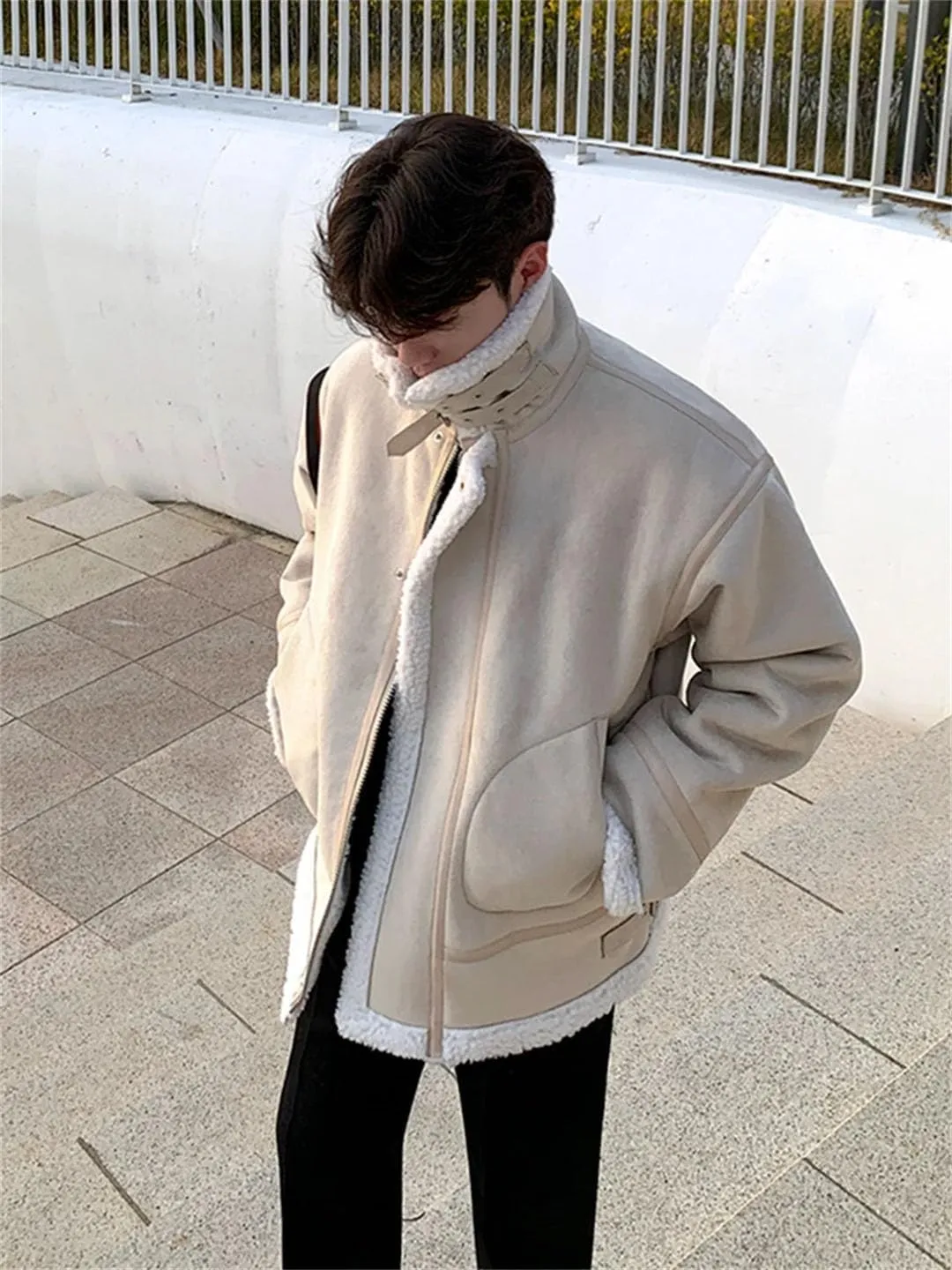 Pulcykp Men Motorcycle Loose Casual Coats Warm Cotton-Padded Jackets Stand Collar Overcoats