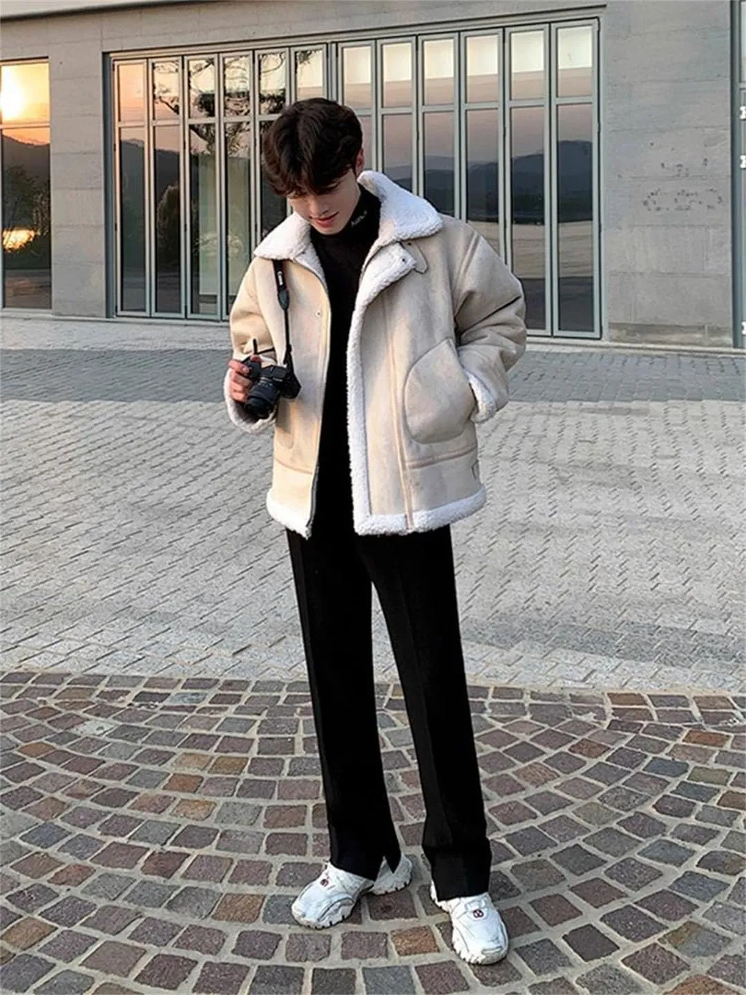 Pulcykp Men Motorcycle Loose Casual Coats Warm Cotton-Padded Jackets Stand Collar Overcoats