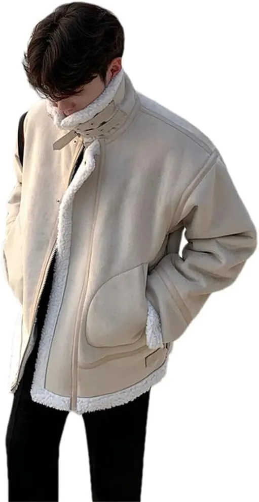 Pulcykp Men Motorcycle Loose Casual Coats Warm Cotton-Padded Jackets Stand Collar Overcoats