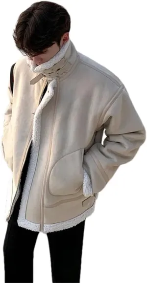 Pulcykp Men Motorcycle Loose Casual Coats Warm Cotton-Padded Jackets Stand Collar Overcoats