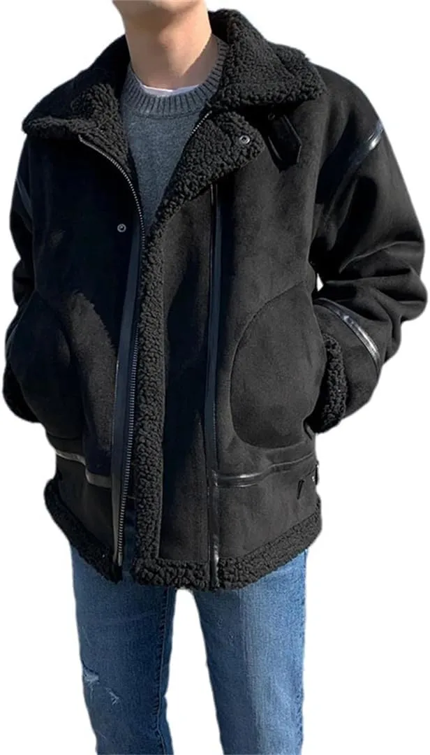 Pulcykp Men Motorcycle Loose Casual Coats Warm Cotton-Padded Jackets Stand Collar Overcoats