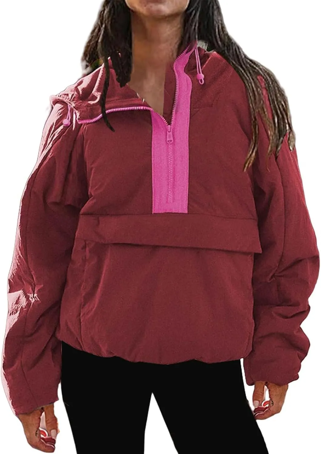 Pullover Puffer Jacket Womens Long Sleeve Half Zip Hooded Coat Drawstring Casual Loose Jacket Lightweight Hoodies