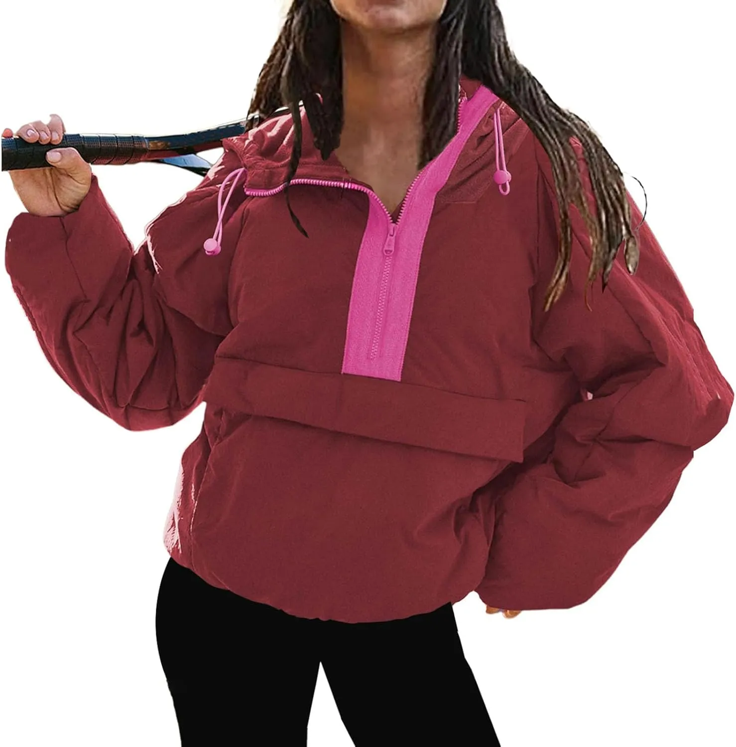Pullover Puffer Jacket Womens Long Sleeve Half Zip Hooded Coat Drawstring Casual Loose Jacket Lightweight Hoodies