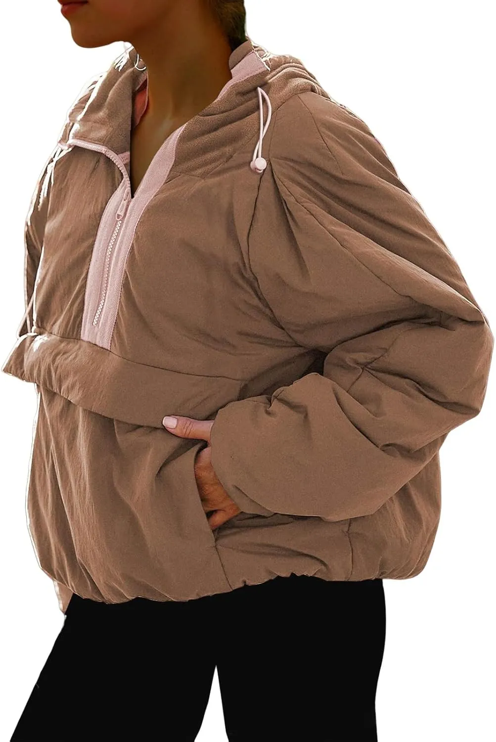 Pullover Puffer Jacket Womens Long Sleeve Half Zip Hooded Coat Drawstring Casual Loose Jacket Lightweight Hoodies