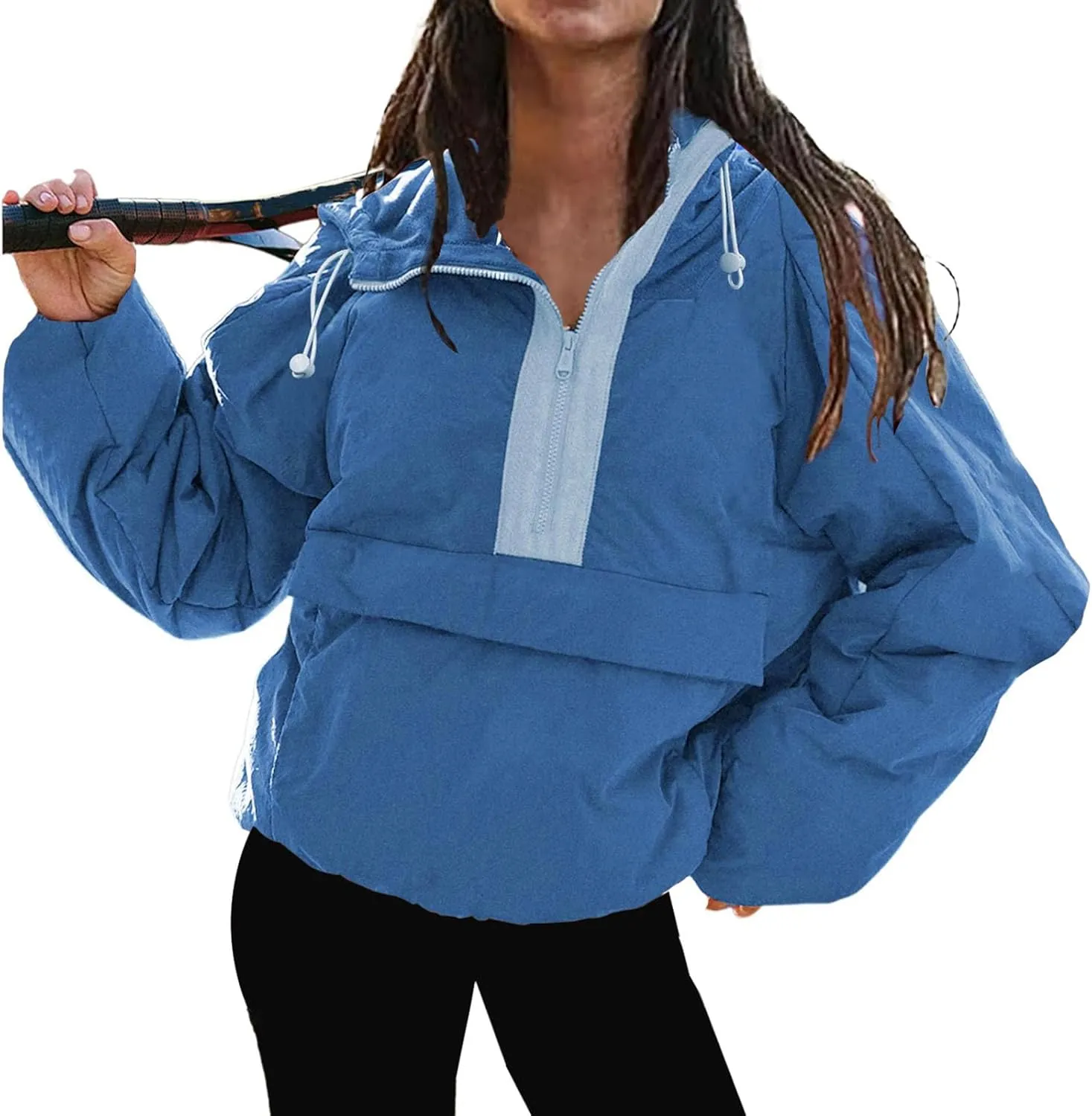 Pullover Puffer Jacket Womens Long Sleeve Half Zip Hooded Coat Drawstring Casual Loose Jacket Lightweight Hoodies