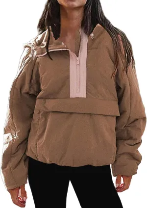 Pullover Puffer Jacket Womens Long Sleeve Half Zip Hooded Coat Drawstring Casual Loose Jacket Lightweight Hoodies
