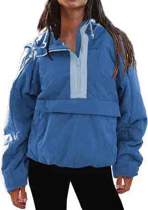 Pullover Puffer Jacket Womens Long Sleeve Half Zip Hooded Coat Drawstring Casual Loose Jacket Lightweight Hoodies
