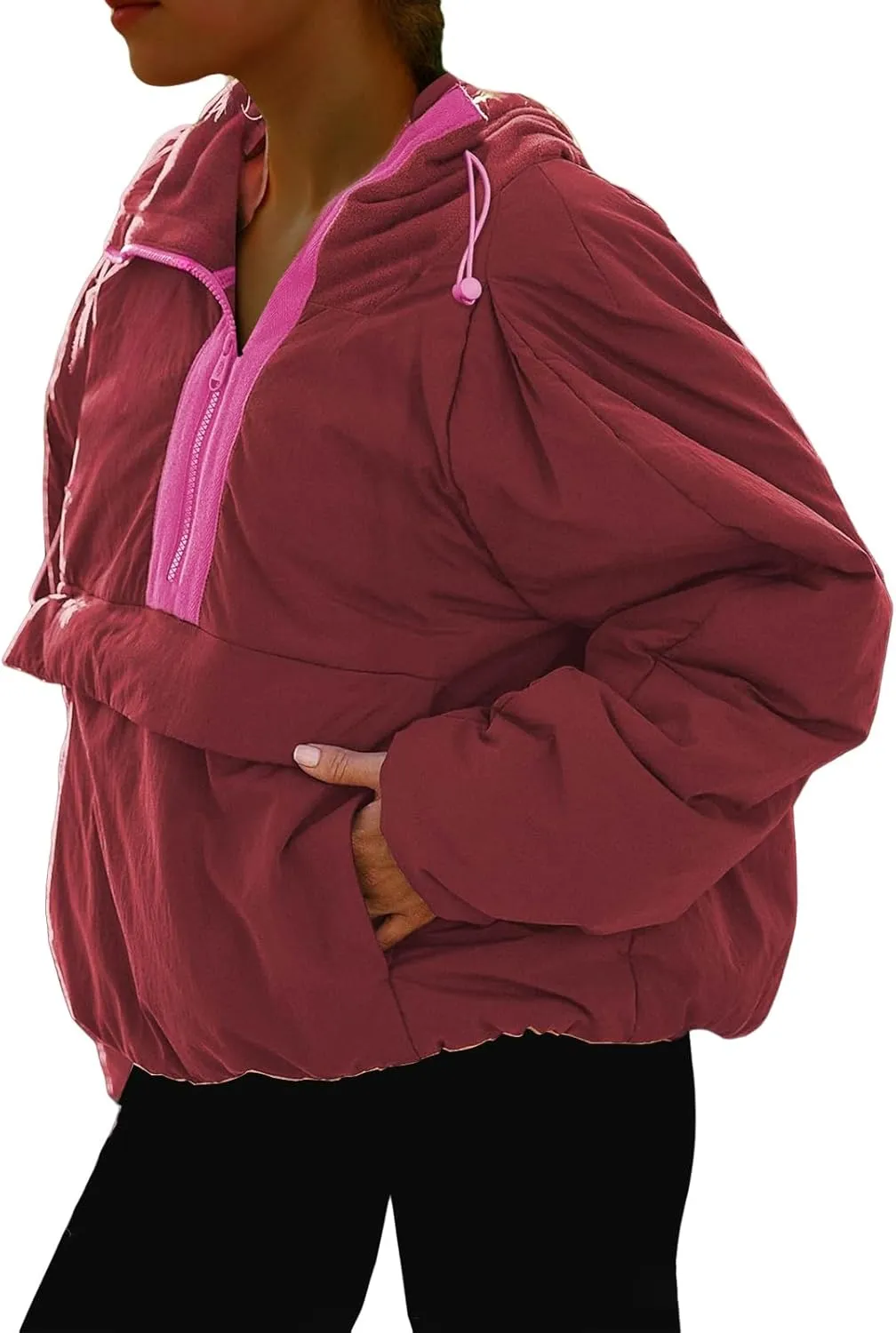 Pullover Puffer Jacket Womens Long Sleeve Half Zip Hooded Coat Drawstring Casual Loose Jacket Lightweight Hoodies