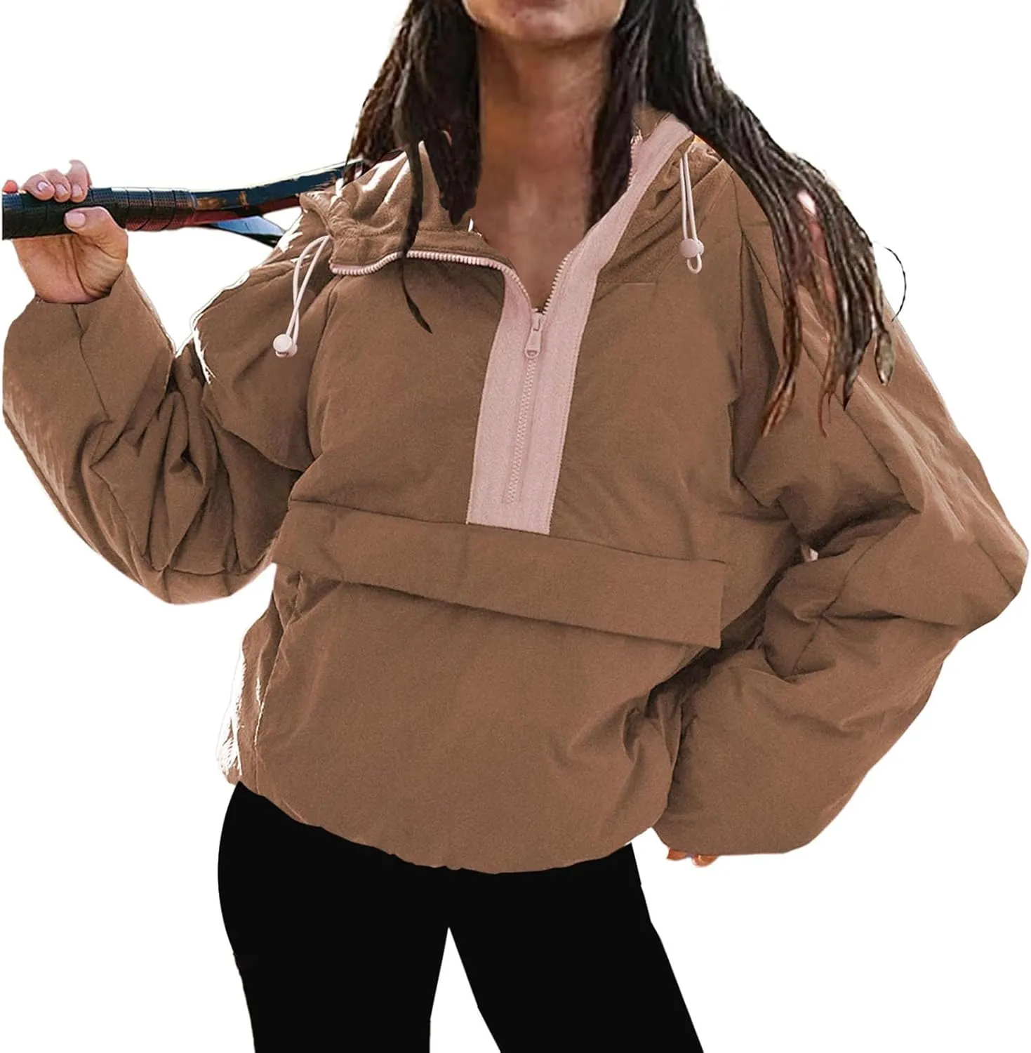 Pullover Puffer Jacket Womens Long Sleeve Half Zip Hooded Coat Drawstring Casual Loose Jacket Lightweight Hoodies