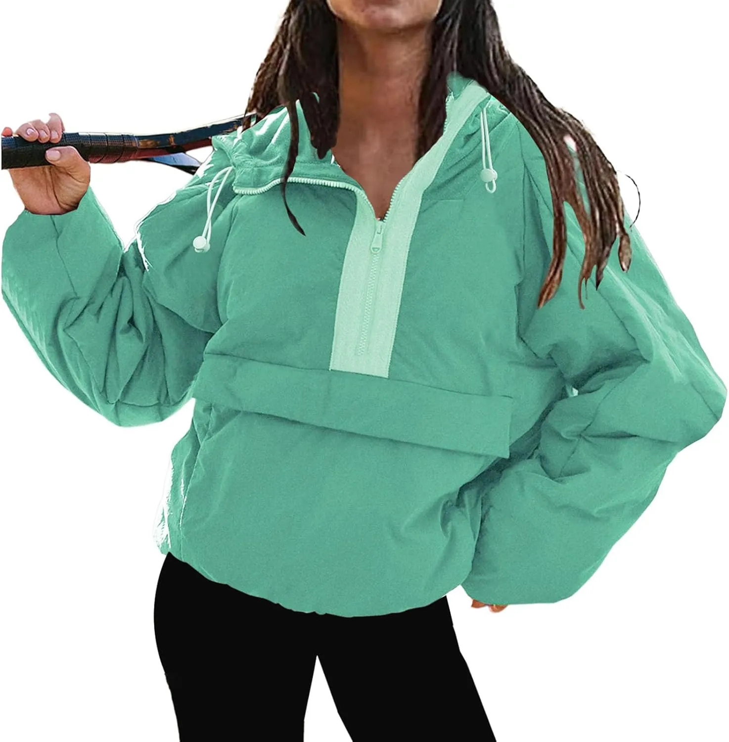 Pullover Puffer Jacket Womens Long Sleeve Half Zip Hooded Coat Drawstring Casual Loose Jacket Lightweight Hoodies