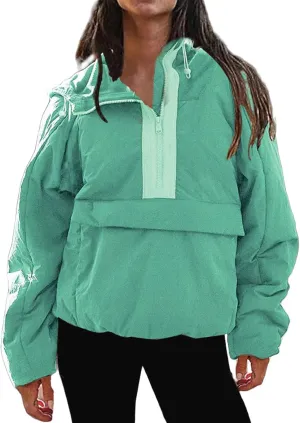 Pullover Puffer Jacket Womens Long Sleeve Half Zip Hooded Coat Drawstring Casual Loose Jacket Lightweight Hoodies