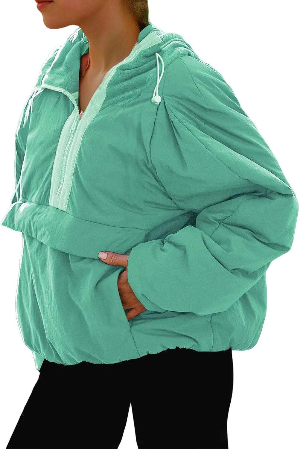 Pullover Puffer Jacket Womens Long Sleeve Half Zip Hooded Coat Drawstring Casual Loose Jacket Lightweight Hoodies