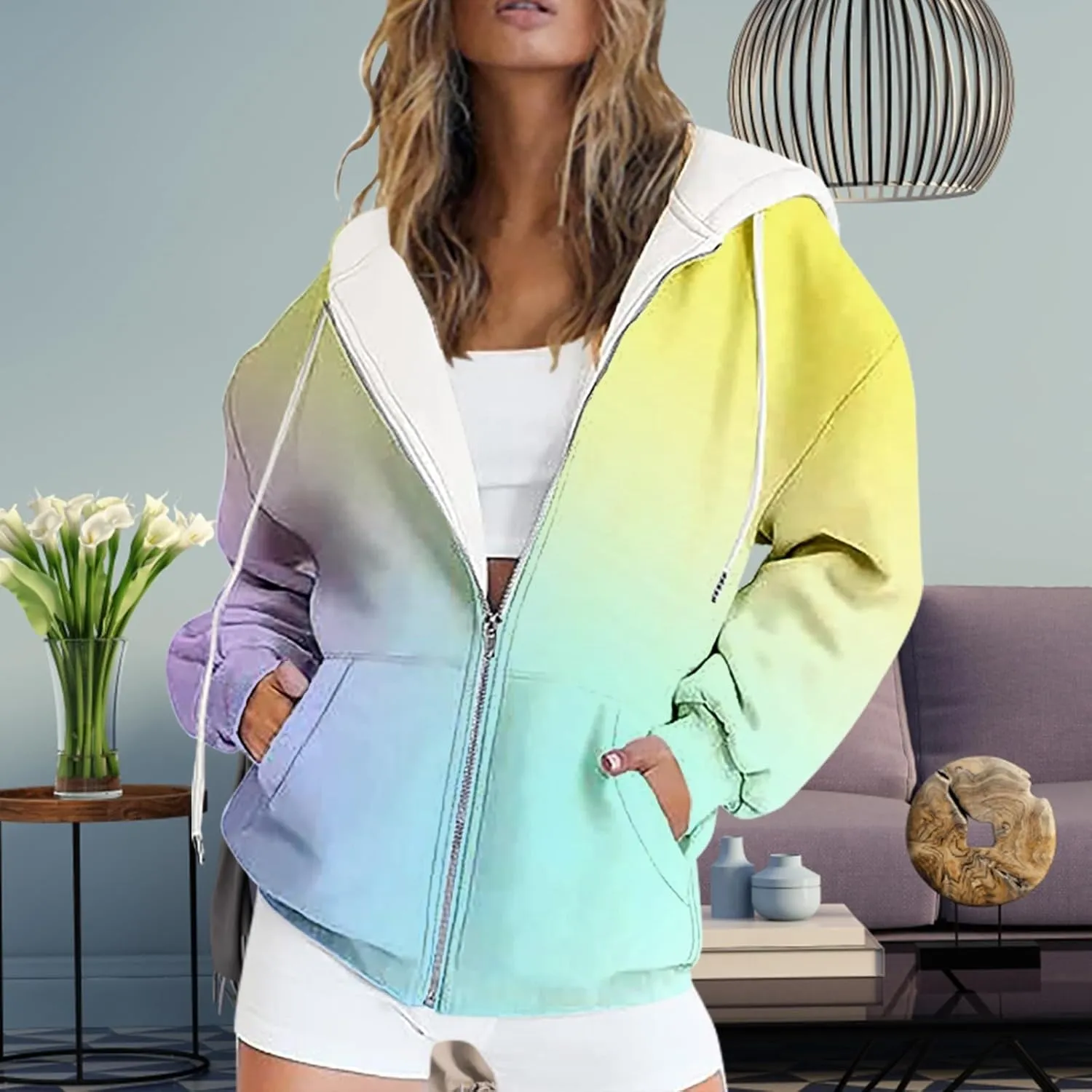 SAMST Women's Oversized Zip Up Hoodies Sweatshirts Y2K Clothes Teen Girl Fall Casual Drawstring Jackets with Pockets