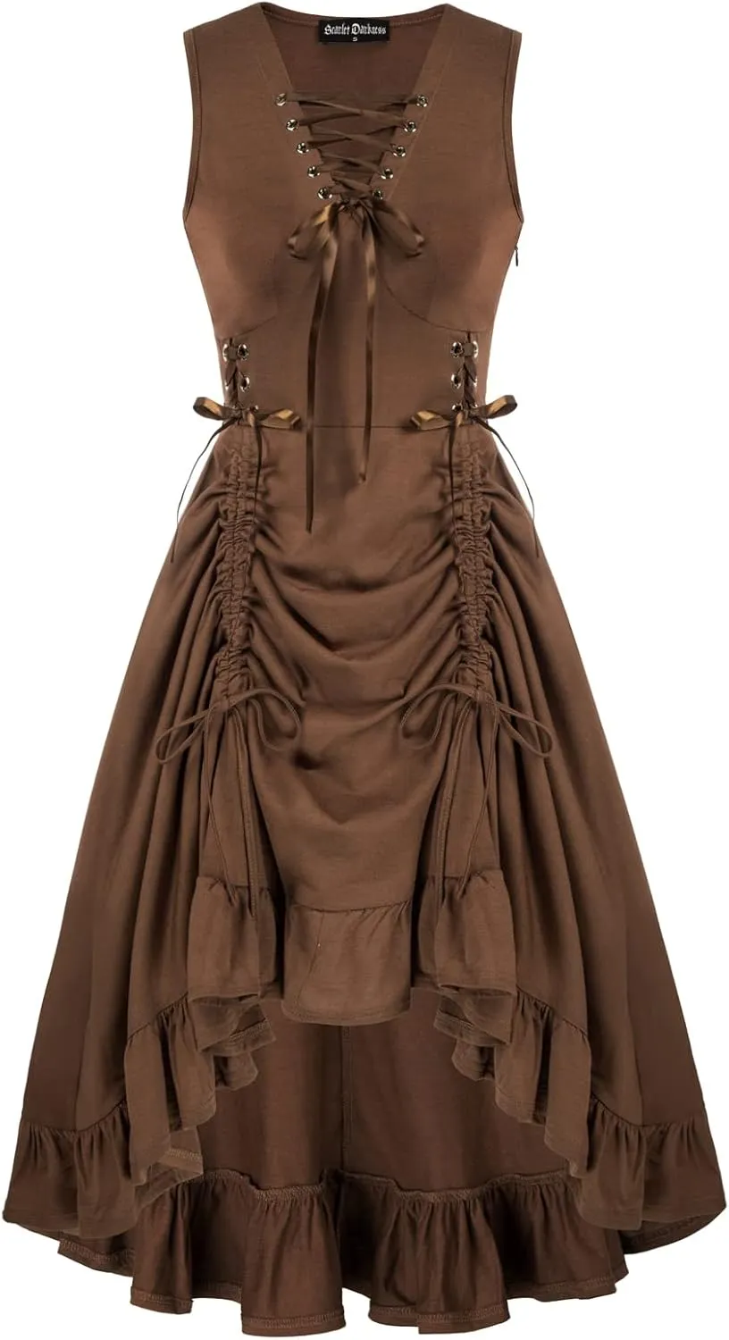 Scarlet Darkness Renaissance Steampunk Dress Lace Up High Low Dress Pirate Costume