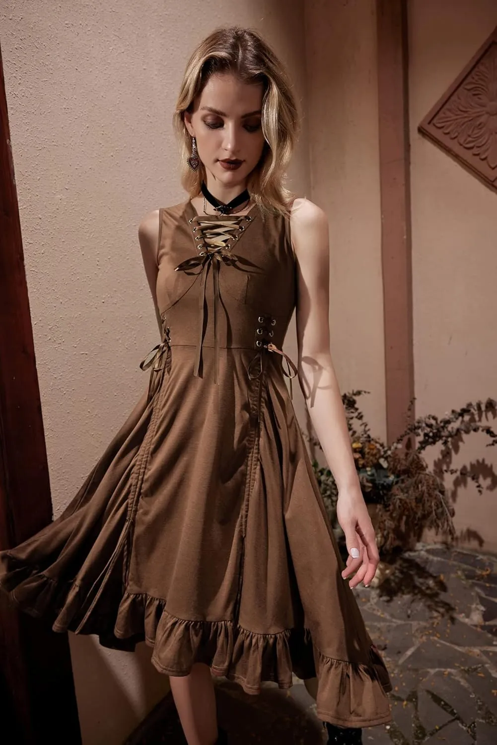 Scarlet Darkness Renaissance Steampunk Dress Lace Up High Low Dress Pirate Costume