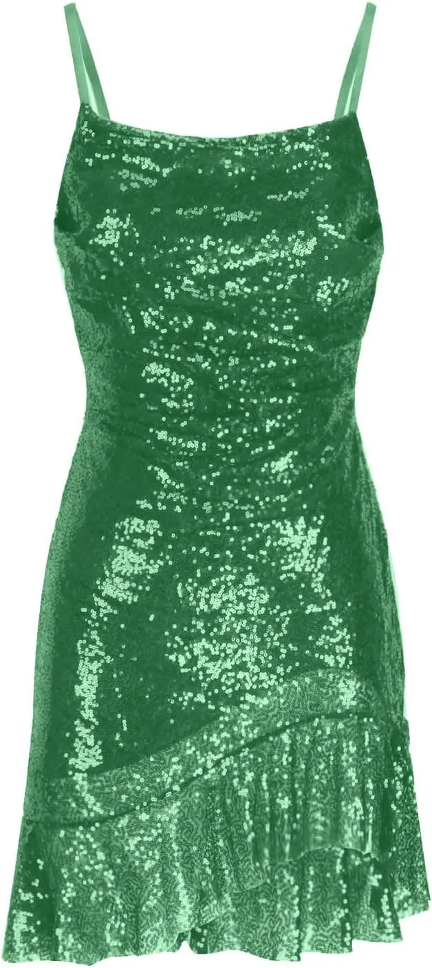 Sequin Cami Dress Women Sexy Sleeveless Strap Mini Dresses Ruched Sparkly Bodycon Sundress Irregular Ruffle Hem Gowns