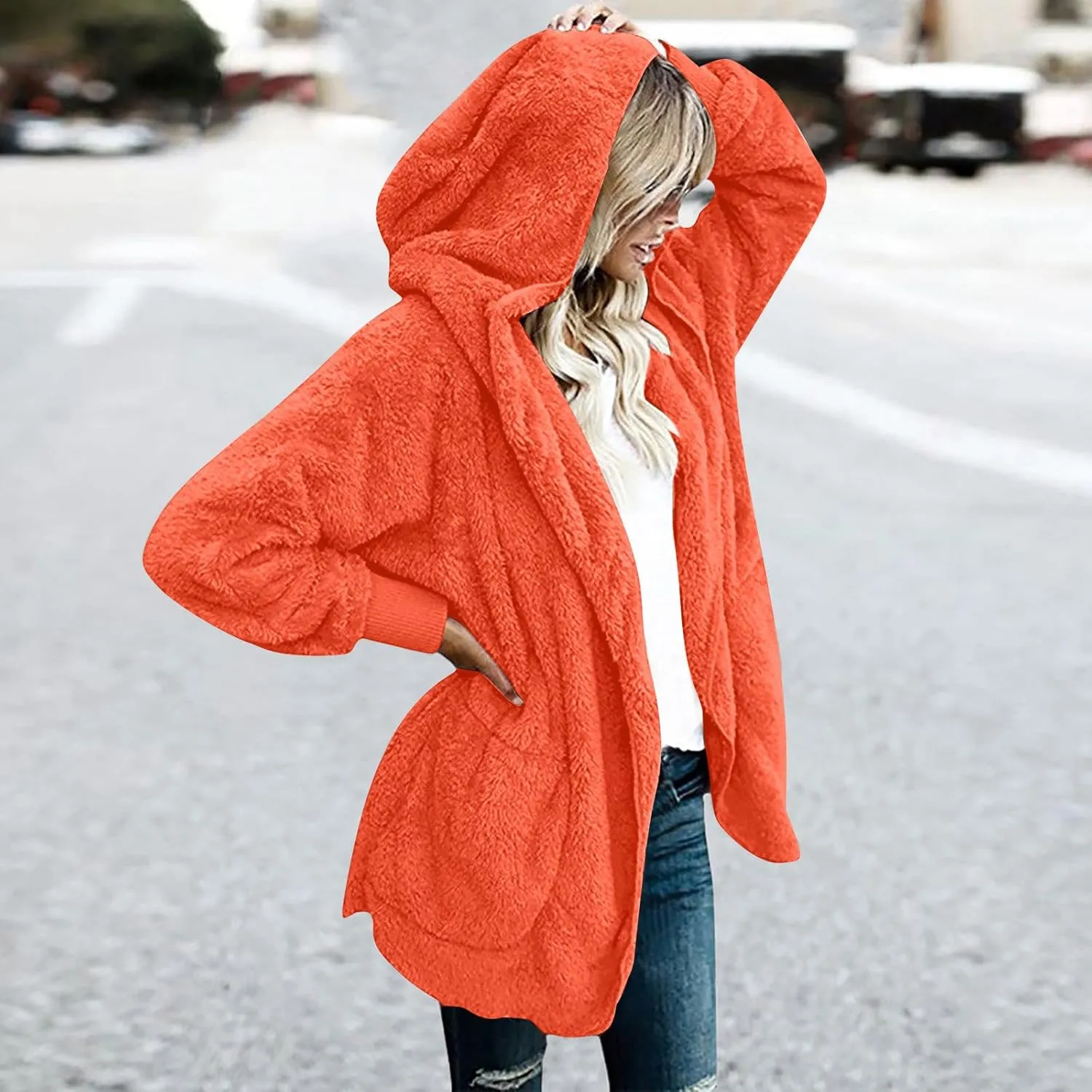 Sherpa Jacket Women Oversized Hooded Fuzzy Fleece Jackets with Pocket Warm Cozy Hoodie Cardigan Coat Plus Size