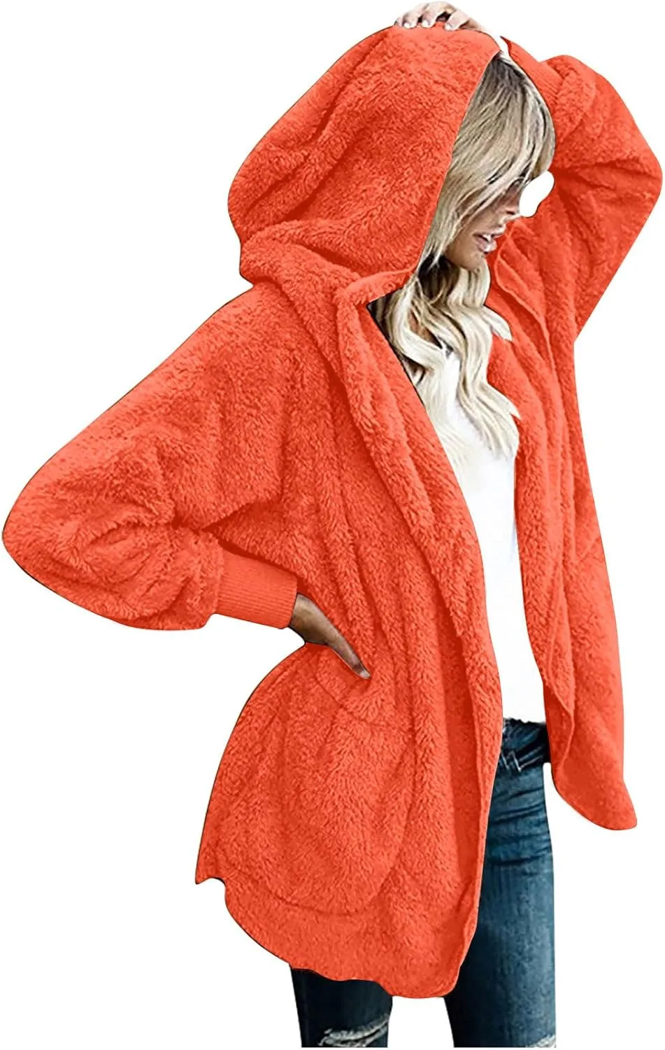 Sherpa Jacket Women Oversized Hooded Fuzzy Fleece Jackets with Pocket Warm Cozy Hoodie Cardigan Coat Plus Size