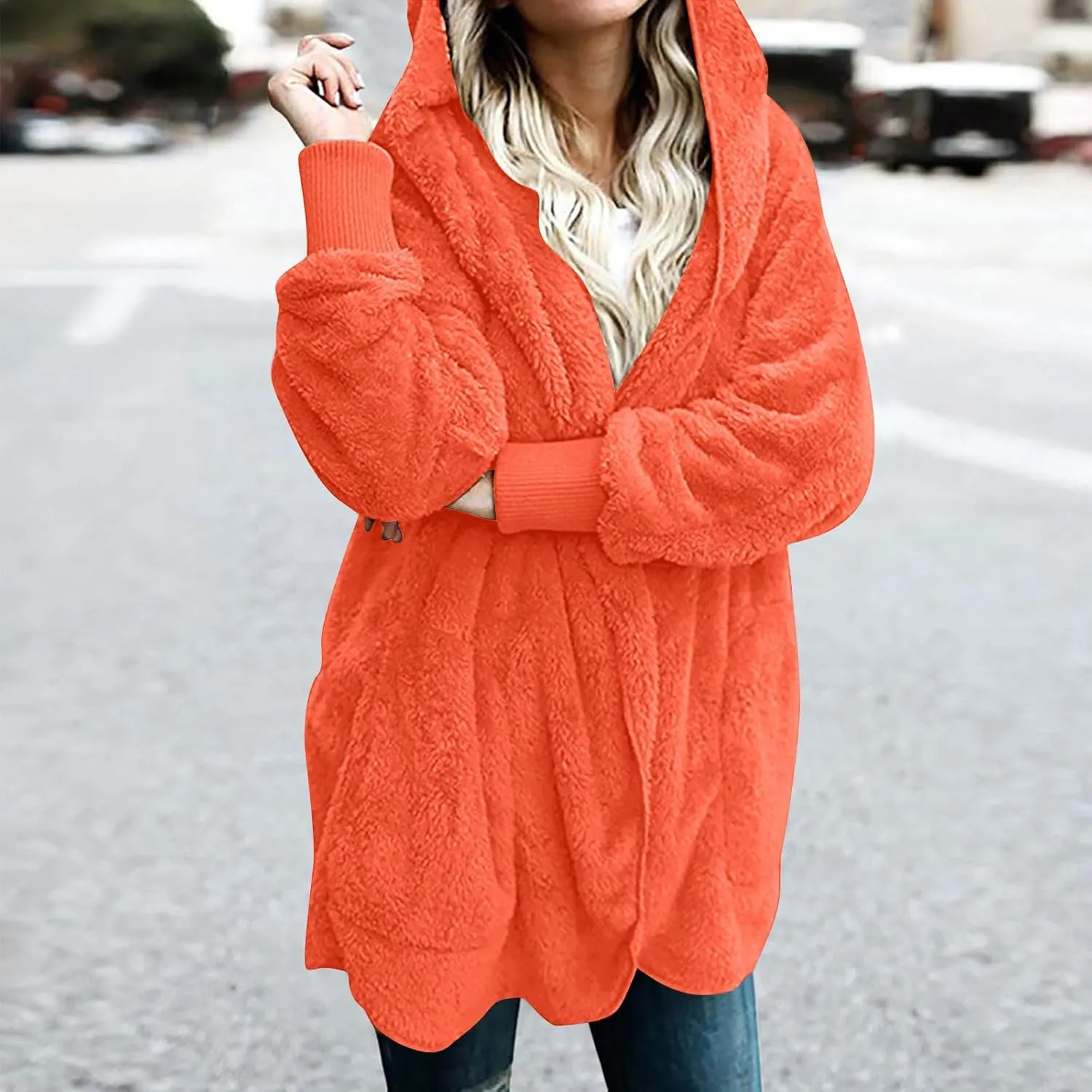 Sherpa Jacket Women Oversized Hooded Fuzzy Fleece Jackets with Pocket Warm Cozy Hoodie Cardigan Coat Plus Size