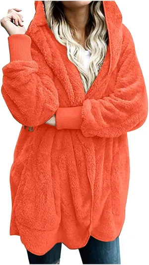 Sherpa Jacket Women Oversized Hooded Fuzzy Fleece Jackets with Pocket Warm Cozy Hoodie Cardigan Coat Plus Size