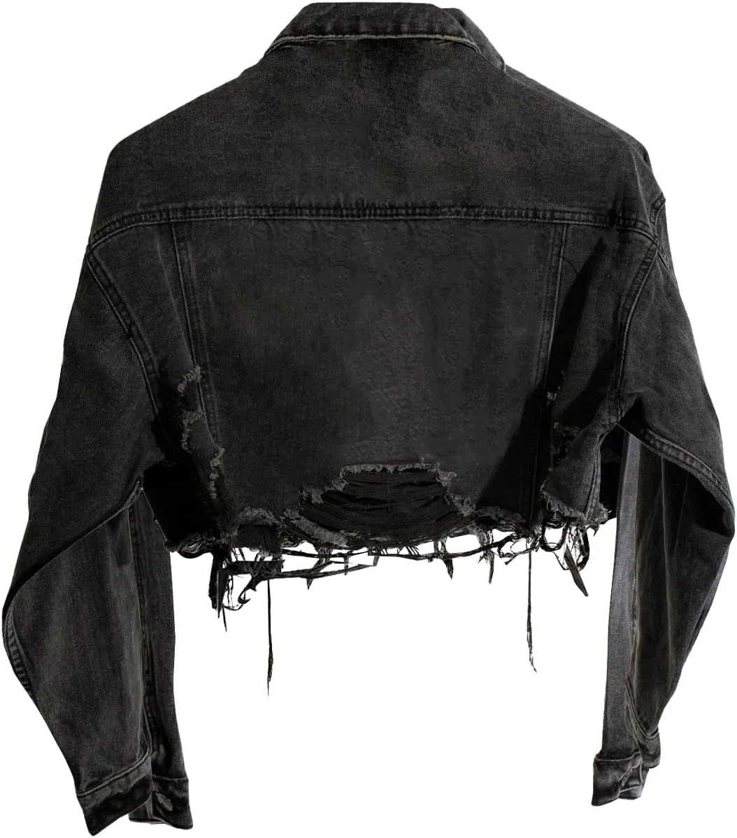 Short Jean Jacket Women's Ripped and frayed Casual Jean Jacket Women's Denim Tops