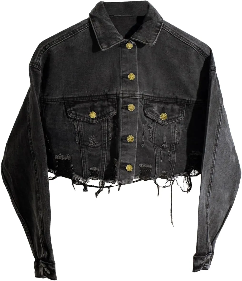 Short Jean Jacket Women's Ripped and frayed Casual Jean Jacket Women's Denim Tops