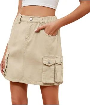 Short Jean Skirt for Women Trendy Elastic High Waisted Skirt with Multi-Pockets Fashion Teen Girls Y2K A-Line Skirt