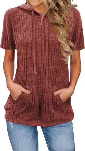 Short Sleeve Hoodies for Women Ribbed Knit Tops Casual T Shirts Oversized Sweatshirts Pullover with Kangaroo Pocket