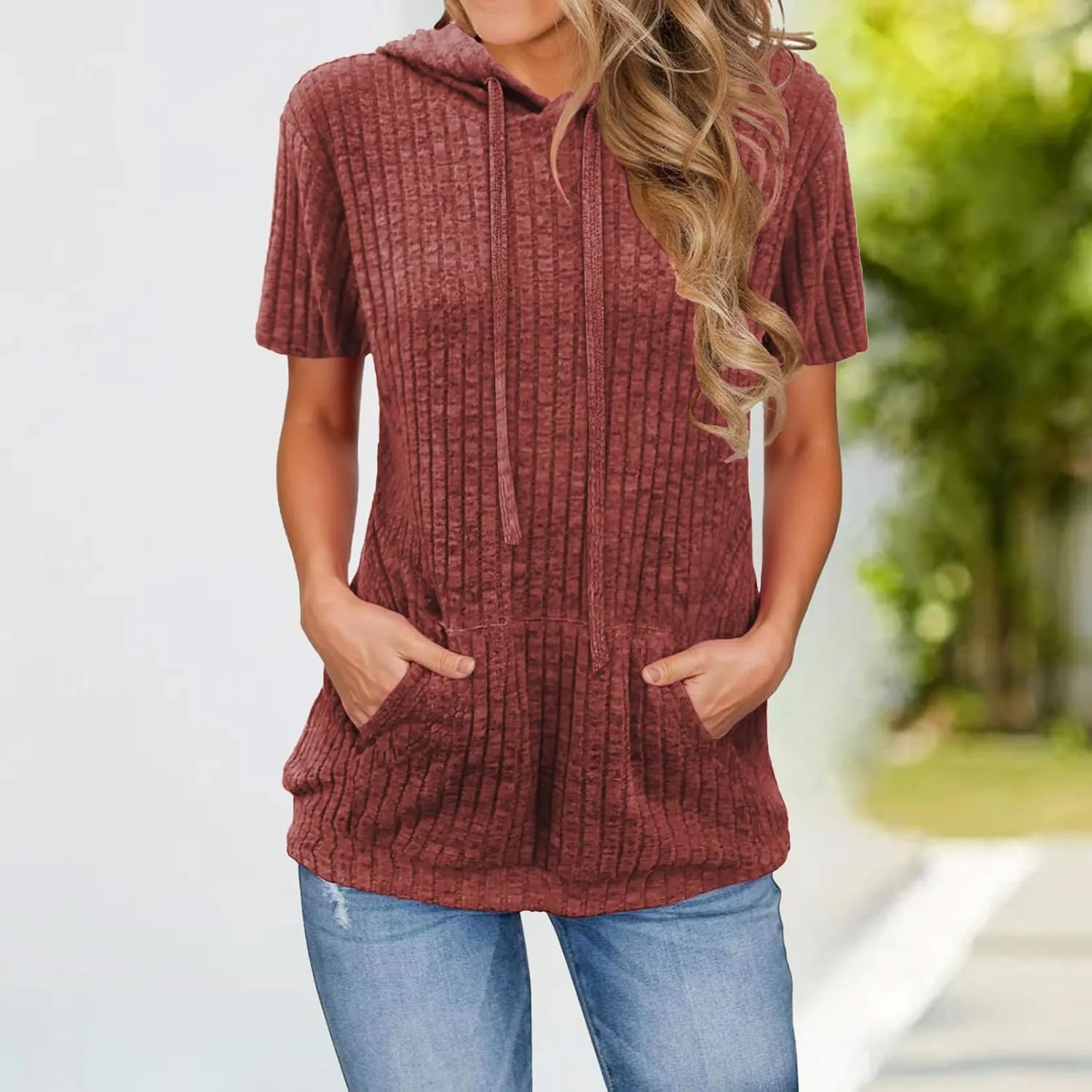 Short Sleeve Hoodies for Women Ribbed Knit Tops Casual T Shirts Oversized Sweatshirts Pullover with Kangaroo Pocket