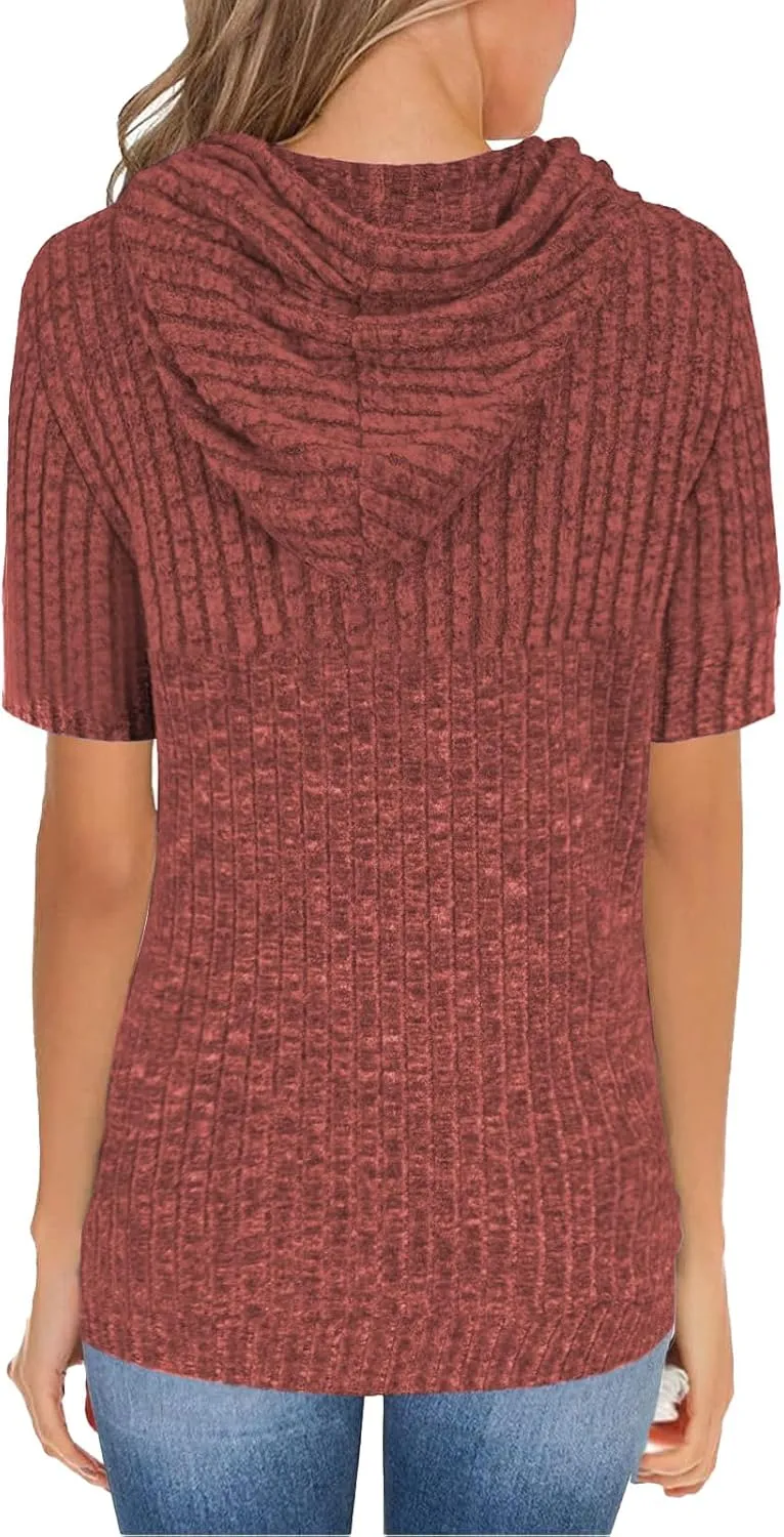 Short Sleeve Hoodies for Women Ribbed Knit Tops Casual T Shirts Oversized Sweatshirts Pullover with Kangaroo Pocket