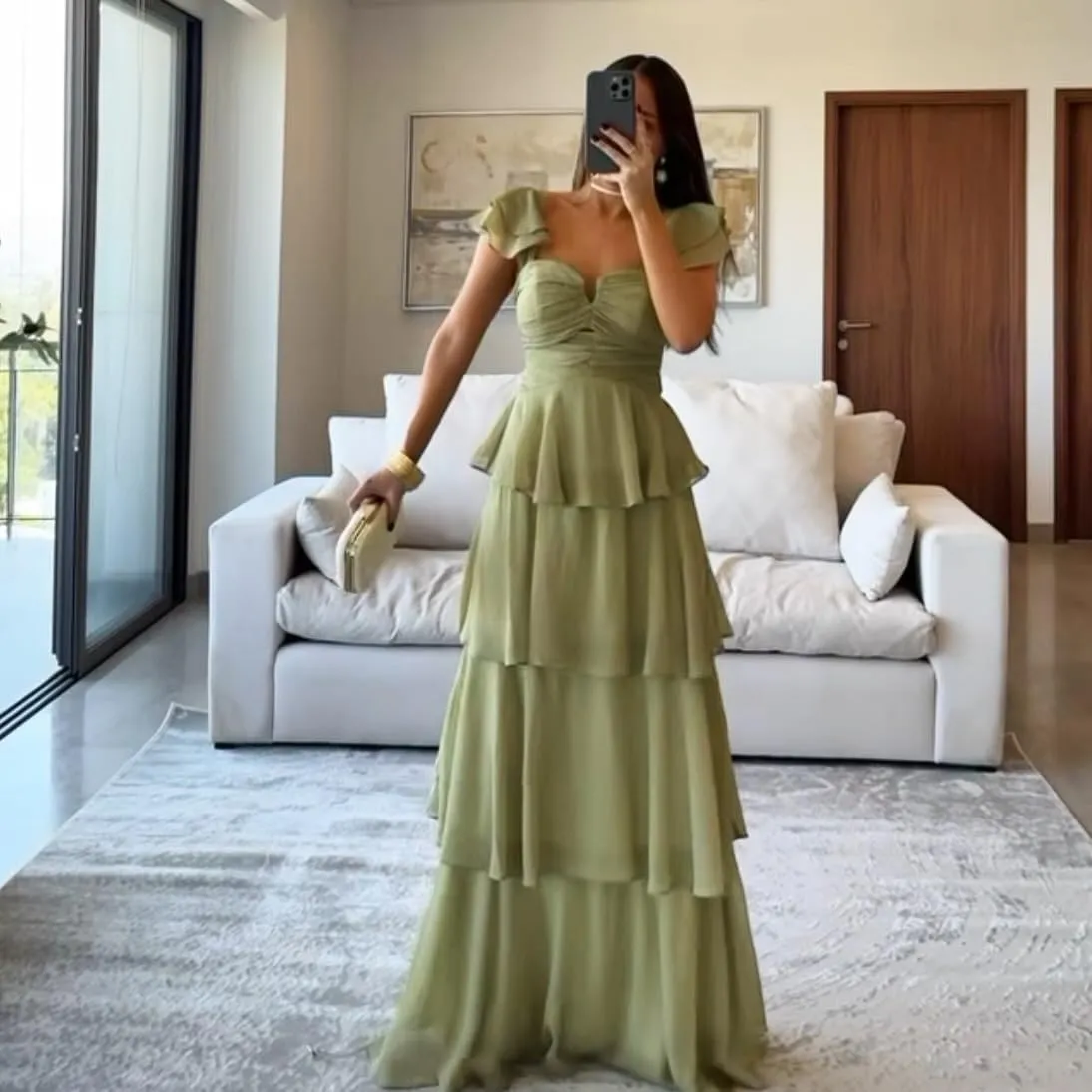 SINRWROD Off The Shoulder Tiered Prom Dresses Chiffon Ruffled Sleeves Bridesmaid Dress Ruched Party Gowns