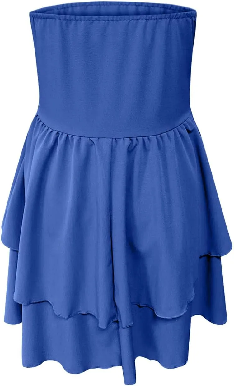 Sinzelimin Womens Sexy Bandeau Mini Dresses Fashion Solid Layered Ruffles Pleated A-Line Short Dress Summer Beach Sundress