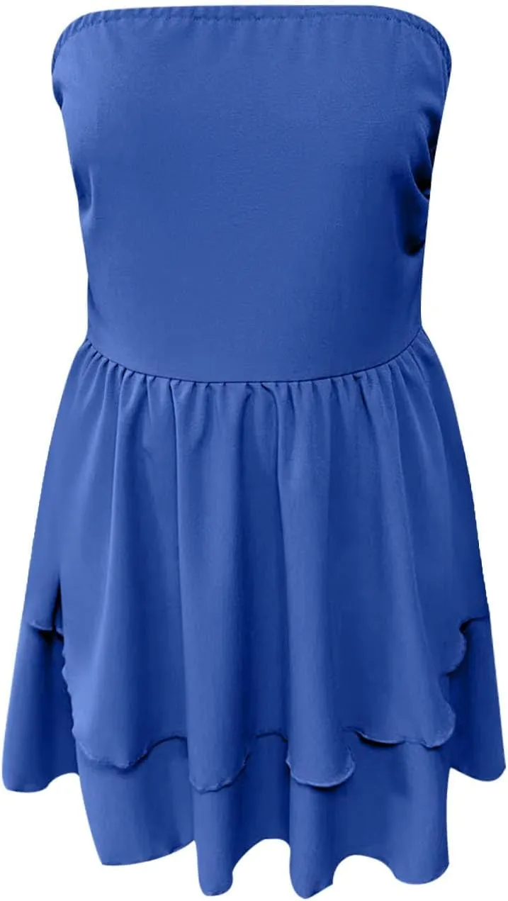 Sinzelimin Womens Sexy Bandeau Mini Dresses Fashion Solid Layered Ruffles Pleated A-Line Short Dress Summer Beach Sundress