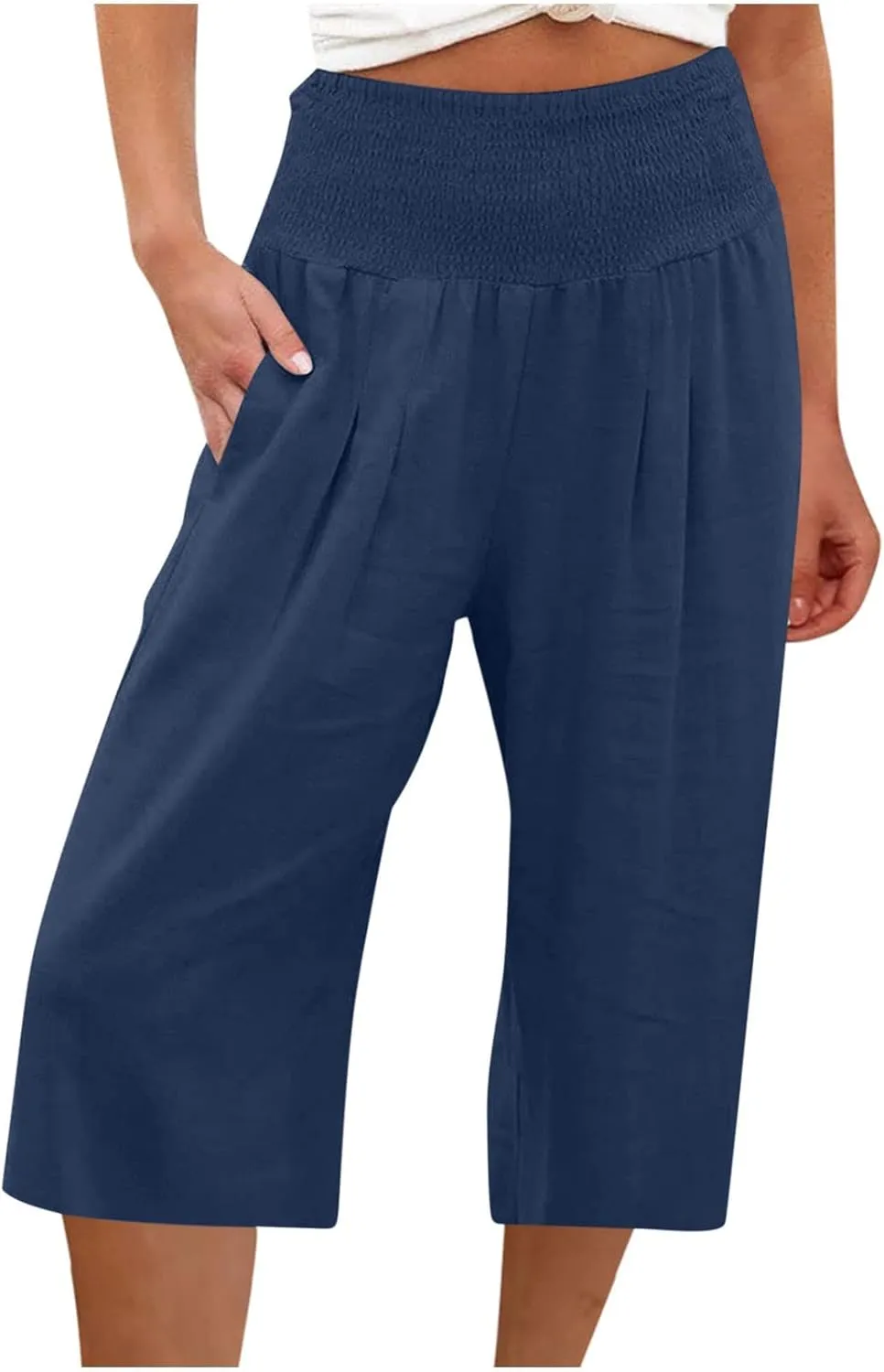 SMIDOW Capri Pants for Women Casual Summer Smocked Elastic High Waisted Linen Pant Solid Loose Wide Leg Capris Trousers